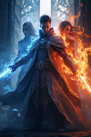 The handsome man with fiery eyes and blazing was cloaked in ice and fire, the 2 women behind him emitted an aura of fire and ice and used weapons