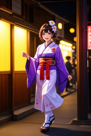 Miko, Japanese style costume. Good facial proportions. (cursed straw man holding purple fluorescent light). Happy dance. Motion blur.
,小林