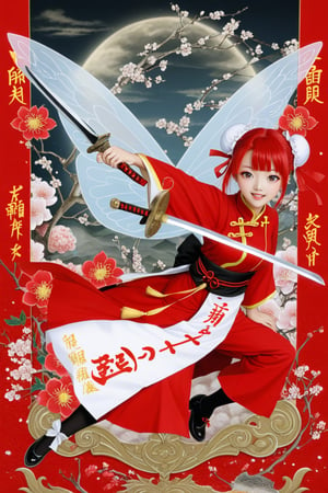 小女孩, 
Chinese style, fairy, white hair, sword, red hair ribbon, double bun.
Stand on the sword and fly in the air.,(chinese hanfu:1.2)