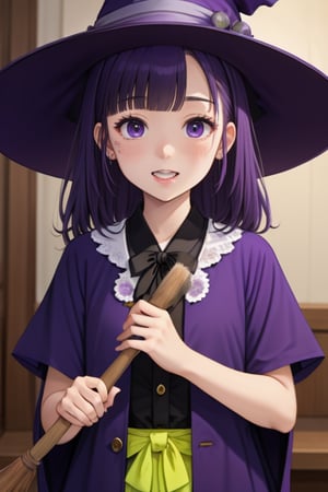 Witch, magic hat, magic robe. Suturing the broken mouth. Good facial proportions. Holding a broom, (using (violet fluorescent) magic).,小女孩