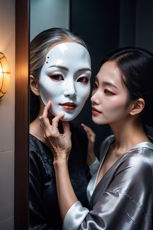 小林, 
One person, the old woman is holding a young and beautiful human skin mask, covering half of her face.
Dark style, extremely realistic, realistic human skin mask in front of the mirror,