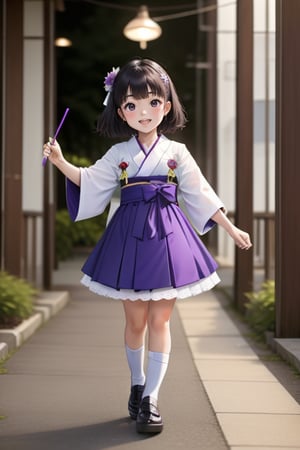 Miko, Japanese style costume. Good facial proportions. (cursed straw man holding purple fluorescent light). Happy dance. Motion blur.
,小女孩