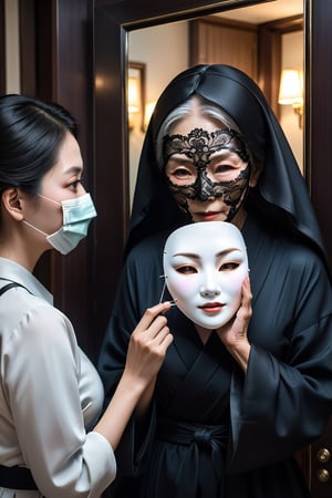 小林, 
1 The old woman is holding a young and beautiful face mask, covering half of her face.
Dark style, in front of the mirror, extremely realistic,