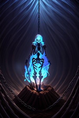 Good facial proportions,小林,
Sexy Necromancer, sexy figure, holding a sickle and a chain. (Harvest souls with scythe. Skeleton hanging on chains, glowing with blue flames). Intricate red runes float around. The surroundings were dim, except for the blue light emitted by the torch light source and the soul. High detail. 