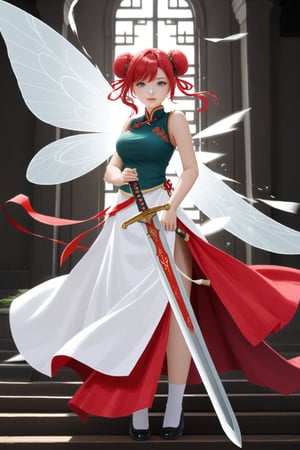 小女孩, 
Chinese style. Fairy. White hair. Red hair ribbon, double bun. Draw the hands carefully. (Step on the sword and fly on the sword: 1.35). Action lines, motion blur. High detail. (without wings).