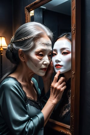 小林, 
The old woman is holding a young and beautiful human skin mask, covering half of her face.
Dark style, in front of the mirror, extremely realistic,