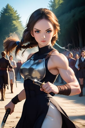 小林,完美五官比例.
Miss. Bronze skin. Bangs, braids, long hair.
Slender eyes. Monocle. Muscular women, (women have six arms), each holding a weapon (kunai, sword, knife, gun, whip, ax)
(Sexy breastplate. Fighting stance. Looking at the audience. Action effects). The forest is filled with smoke.
Beautiful, soft light, backlight. Movie special effects style.