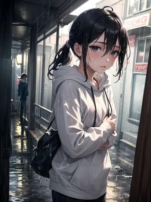 (masterpiece, better quality:1.25), solo, 1girl, female thief in rain, self hug, expressionless, (looking to the side), portrait, black eyes, black hair, ponytail, sidelocks, straight hair, hair between eyes, ahoge, (silver streak hair at front), streaked hair, (wet hair:1.2), (water droplets), grey hoodie with white drawstring, flat chest, (wet clothes), slum street background, night, (rain:1.2),