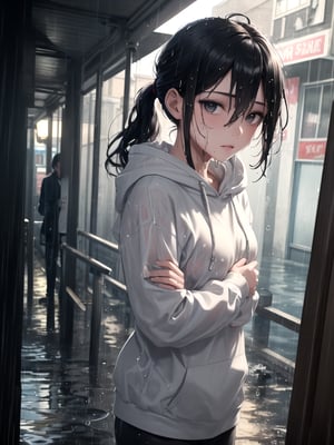 (masterpiece, better quality:1.25), solo, 1girl, female thief in rain, self hug, expressionless, (looking to the side), portrait, black eyes, black hair, ponytail, sidelocks, straight hair, hair between eyes, ahoge, (silver streak hair at front), streaked hair, (wet hair:1.2), (water droplets), grey hoodie with white drawstring, flat chest, (wet clothes), slum street background, night, (rain:1.2),