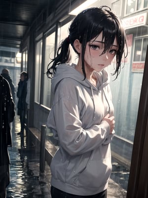 (masterpiece, better quality:1.25), solo, 1girl, female thief in rain, self hug, expressionless, (looking to the side), portrait, black eyes, black hair, ponytail, sidelocks, straight hair, hair between eyes, ahoge, (silver streak hair at front), streaked hair, (wet hair:1.2), (water droplets), grey hoodie with white drawstring, flat chest, (wet clothes), slum street background, night, (rain:1.2),