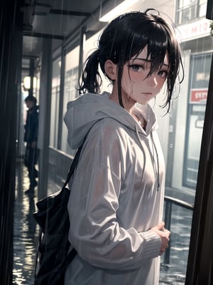 (masterpiece, better quality:1.25), solo, 1girl, female thief in rain, self hug, expressionless, (looking to the side), portrait, black eyes, black hair, ponytail, sidelocks, straight hair, hair between eyes, ahoge, (silver streak hair at front), streaked hair, (wet hair:1.2), (water droplets), grey hoodie with white drawstring, flat chest, (wet clothes), slum street background, night, (rain:1.2),