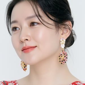 youngae01, high resolution, 8k, youngae, Close-up portrait of 1girl
solo
smile
simple background
black hair
white background
brown eyes
jewelry
flower
earrings
black eyes
lips
looking to the side
floral print
realistic