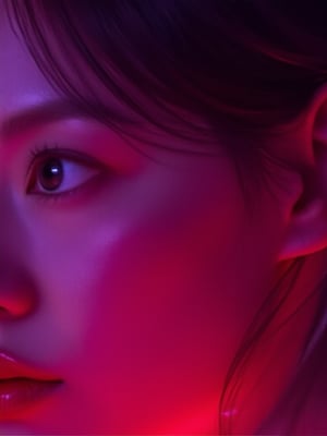 rlawldnjs, Masterpiece, Ultra realistic. neon lighting,  Her lip are painted a bold red. a woman's face is like rlawldnjs. Type & Character Type: Cinematic photography.