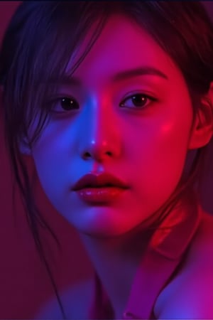 rlawldnjs, Masterpiece, Ultra realistic. neon lighting,  Her lip are painted a bold red. a woman's face is like rlawldnjs. Type & Character Type: Cinematic photography.