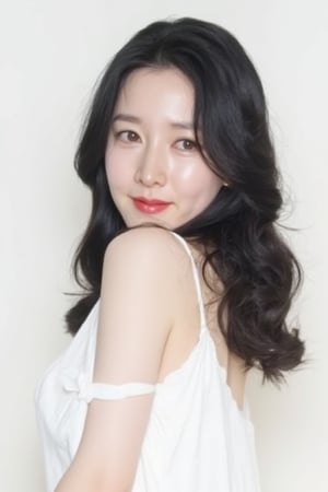 youngae with long black hair wearing a white dress, posing for a picture against a white background.