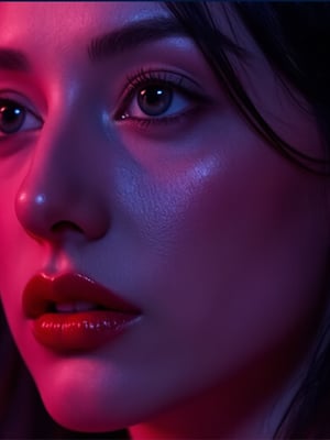 rlawldnjs, Masterpiece, Ultra realistic. neon lighting,  Her lip are painted a bold red. a woman's face is like rlawldnjs. Type & Character Type: Cinematic photography.