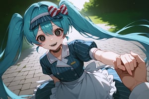 score_9, score_8_up, score_7_up, source_anime, solo, 1girl, mesmerizermiku, sharp teeth, crazy smile, black eyes, empty eyes, twintails, hair bow