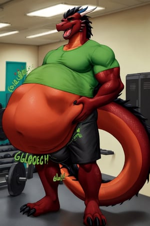 Huge Male Muscular Dark blue dragon, (( wearing a green t-shirt and black shorts)), at a gym,  (vore belly),  (lifting belly with one claw) , (Endo vore) (dark red belly) (belching),(unwilling prey),(digestion vore),(big dragon tail),(small black shorts),(big bulge)