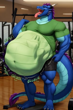 Huge Male Muscular Dark blue dragon, (( wearing a green t-shirt and black shorts)), at a gym,  (vore belly),  (lifting belly with one claw) , (Endo vore) (dark blue belly) (belching),(unwilling prey),(digestion vore),(big dragon tail),(small black shorts),(big bulge)