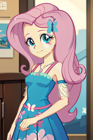 (masterpiece, best quality:1.2), cowboy shot, solo, 1girl, mlpfluttershy, slight smile, looking at viewer, arms behind back, hair ornament, dress