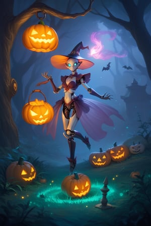 score_9,score_8_up, score_7_up,masterpiece,best quality,figurine,1girl,jack-o'-lantern,halloween,claws,pumpkin, old large cap, flame in chest, transparent body,style Magical fantasy,aura_Magic,light particles,floating, orbs of flame,Background concept for the movie “Avatar”, bioluminescent forest, alien planet, beautiful landscape, alien plants,pumpkin lamps,doll joints,source_anime