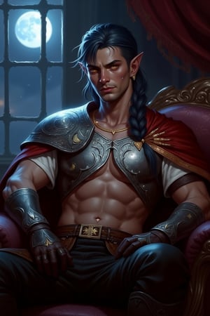 A Dungeons & Dragons Forgotten Realms setting image of a handsome half-elf male with dark muted navy blue hair in a messy, loose single side braid over his shoulder. He has golden eyes that twinkle like stars and elegant, masculine features. Has a strong jawline and his complexion is pale. He has a calm demeanor and a kind, sad expression. He appears age 35. He is a cleric of Sehanine Moonbow, an elven goddess of twilight and dreams. He wears a red cape over one shoulder with a silver pauldron featuring detailed Moon designs. He wears a short, cropped white blouse showing his toned physique and abs. On top of the blouse he wears silver chestplate armor with moon phase emblems. He wears dark brown gloves and black trousers with a brown leather belt. He has pierced ears with triangle earrings in the symbol of Angharradh. Highly detailed Moon phase motifs are present on his armor. He sits relaxed on a regal sofa, the sky dark, moonlight shining through the window. There is dynamic lighting from the moonlight, reflecting off his armor. His appearance is ethereal.,Fantasy detailers 