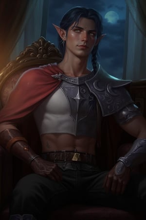 A Dungeons & Dragons Forgotten Realms setting image of a handsome half-elf male with dark muted navy blue hair in a messy, loose single side braid over his shoulder. He has golden eyes that twinkle like stars and elegant, masculine features. Has a strong jawline and his complexion is pale. He has a calm demeanor and a kind, sad expression. He appears age 35. He is a cleric of Sehanine Moonbow, an elven goddess of twilight and dreams. He wears a red cape over one shoulder with a silver pauldron featuring detailed Moon designs. He wears a short, cropped white blouse showing his toned physique and abs. On top of the blouse he wears silver chestplate armor with moon phase emblems. He wears dark brown gloves and black trousers with a brown leather belt. He has pierced ears with triangle earrings in the symbol of Angharradh. Highly detailed Moon phase motifs are present on his armor. He sits relaxed on a regal sofa, the sky dark, moonlight shining through the window. There is dynamic lighting from the floors of moonlight, reflecting off his armor. His appearance is ethereal. Fantasy detailers 