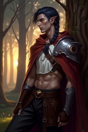 A Dungeons & Dragons Forgotten Realms setting image of a handsome half-elf male with dark muted navy blue hair in a long, messy single side braid over his shoulder. He has golden eyes that twinkle like stars, and elegant, masculine features. Has a strong jawline and His complexion is pale like moonlight. He has a calm demeanor and a kind, sad expression. He appears age 35. He is a cleric of Sehanine Moonbow, an elven goddess of twilight and dreams. He wears a red cape over one shoulder with a short, cropped white blouse, showing his toned physique and abs. On top of the blouse he wears silver chestplate armor with moon phase emblems, and a pauldron with moon emblems on the same shoulder as the cape. He wears dark brown fingerless gloves and black trousers with a brown leather belt. He has pierced ears with triangle shaped earrings in the symbol of Angharradh. Highly detailed Moon phase motifs are present on his armor. He leans against a tree, looking off in thought. The background is a forest of tall trees at dawn, the warm light of the sunrise cascading through the trees. There is detailed, dynamic lighting reflecting off his armor and dappled light through the trees.