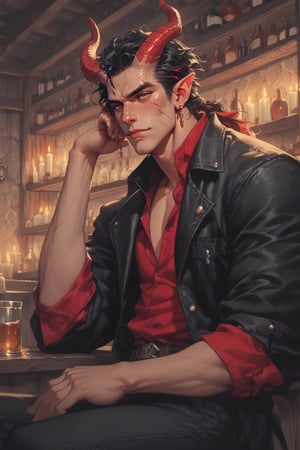 score_9,score_8_up,score_7_up,score_6_up, In a medieval tavern, a tiefling male sits at the bar, bathed in warm candlelight that accentuates his dark tan complexion. The large scar across his eye adds a touch of mystery to his attractive, handsome, masculine, clean-shaven face. His tall, lithe, lean physique is showcased by a short, cropped black leather jacket without a shirt highlighting his physique and chest scar. He wears tight black leather pants and sits relaxed with a goblet of liquor. A shaggy, messy layered mullet of black hair with many crimson red highlights falls just past his shoulders, framing his pointed ears and horns. His fingernails are painted black. Two horns curl backward, their color dark tan like his complexion, with red tips. His thick spade tipped devil tail, in the same colors as his horns, rests behind him. His expression is a playful and flirty smirk. His eyes are like topaz and glint in the light, along with his small fangs. His demeanor is easygoing., colored,Tiefling,ukiyo_e