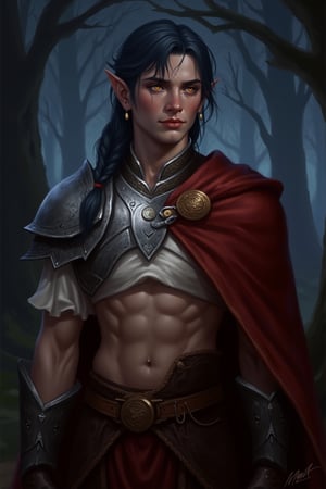 A Dungeons & Dragons Forgotten Realms setting image of a half-elf male with dark muted navy blue hair in a messy single side braid, golden eyes, and elegant features. He has a calm demeanor and a kind sad expression. He age 35 and is a cleric of Sehanine Moonbow. He wears a red cape over one shoulder with a cropped white blouse showing his abs. On top of the blouse he wears silver chestplate armor with moon emblems, and a pauldron with moon emblems on one shoulder. He wears dark brown gloves and trousers. Has pierced ears with earrings in the symbol of Angharradh. The background is a forest of tall trees at twilight, the sky dark.