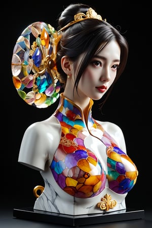 3D sculpture intricately crafted from marble, the subject about 1 beautiful Chinese princess with colorful glass, vibrant reflections off the multi-colored surface, set against a black background. high transparency, detailed texture of glass material, subtle reflection,1girl