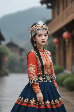 1girl,18yo, Miao, wearing an opulent traditional bridal costume. Vibrant, multi-layered outfit with intricate embroidery and silver coin decorations. Elaborate headdress adorned with colorful tassels, beads, and dangling silver ornaments. Heavy silver necklaces and large earrings frame her face. Richly embroidered jacket in deep indigo with geometric patterns in red, yellow, and green. Wide pleated skirt with bold horizontal stripes and detailed needlework. Ornate silver belt with hanging charms. Embroidered apron with intricate designs. Legs wrapped in indigo leggings with embroidered ends. Traditional cloth shoes with pointed toes. She stands in a misty mountain village with traditional Miao houses in the background, (detailed clothes : 1.4), (full body:1.4), soft cinematic light, fine texture, cinematic still, masterpiece
