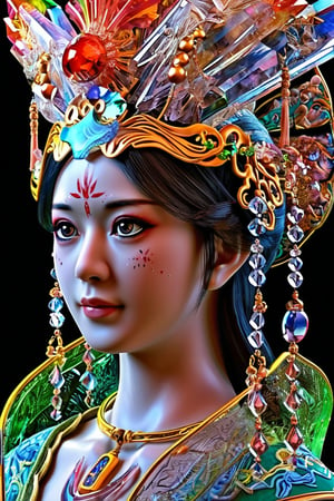 3D sculpture intricately crafted from crystal, the subject about 1 beautiful Chinese princess with colorful headgear, vibrant reflections off the multi-colored surface, set against a black background. high transparency, detailed texture of crystal material, subtle reflecta