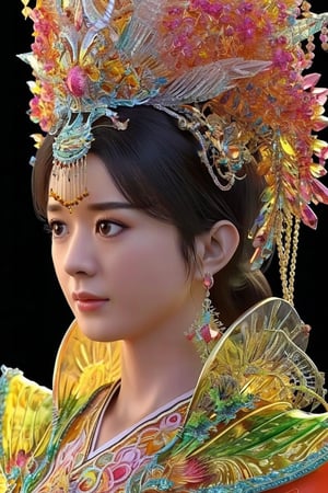 3D sculpture intricately crafted from crystal, the subject about 1 beautiful Chinese princess with colorful headgear, vibrant reflections off the multi-colored surface, set against a black background. high transparency, detailed texture of crystal material, subtle reflecta