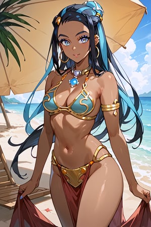 score_9, score_8_up, score_7_up, source_anime, best quality, masterpiece, 1girl, beach, slave Leia outfit, score_6_up, score_5_up, score_4_up, zPDXL-neg, ((cowboy shot)), Dark skin, Dark skinned female, nessa, blue hair, long hair, multicolored hair, blue eyes, black hair