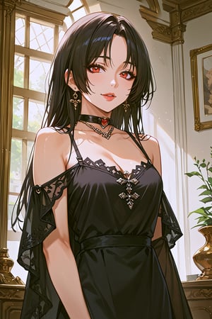 score_9, score_8_up, score_7_up, source_anime, best quality, masterpiece, 1girl, score_6_up, score_5_up, score_4_up, zPDXL-neg, ((cowboy shot)), choker, black hair, red eyes, black gothic dress, 