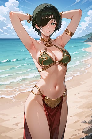 score_9, score_8_up, score_7_up, source_anime, best quality, masterpiece, 1girl, beach, slave Leia outfit, score_6_up, score_5_up, score_4_up, zPDXL-neg, ((cowboy shot)), himeno, black hair, eyepatch, short hair, smiles, arms up