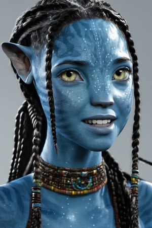 Jenna Ortega as A Female Na’vi, Avatar, African braids tied in a ponytail, white blank background, pale lighting, concept art, low saturation, alien, jewlrey, portrait, lots of details, pale yellow eyes, blue skin, 4k, 8k, freckles, close up, AVATAR-OME