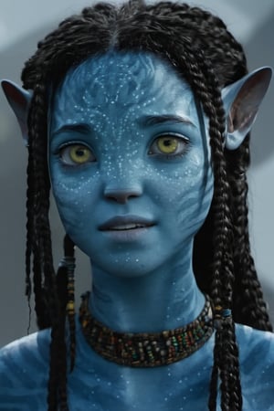 Jenna Ortega as A Female Na’vi, Avatar, African braids, white blank background, pale lighting, concept art, low saturation, alien, jewlrey, portrait, lots of details, pale yellow eyes, blue skin, 4k, 8k, freckles, close up, AVATAR-OME