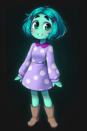 1girl, solo, smile, short hair, black background, hair ornament, long sleeves, dress, green eyes, standing, full body, boots, parted lips, hairclip, aqua hair, colored skin, brown footwear, polka dot, freckles, purple dress