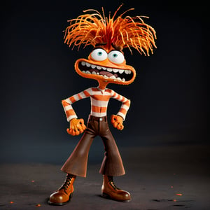 Anxiety InsideOut, wide angle object, black background HD contrast, 1Monster, orange skin, orange-red hair, closed eyes, mouth wide open, neat teeth, wide face, slender figure, detailed face, furry, brown pants, brown boots, striped shirt, solo, His hand on the chest, The right foot goes up and kicks,