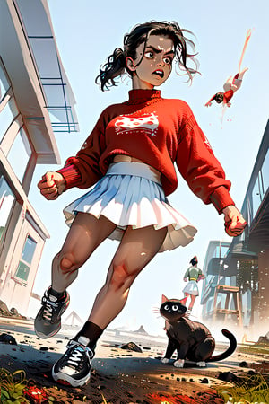 score_9, score_8_up, score_7_up, score_6_up, score_5_up, score_4_up, a girl in a  red sweater, white skirt, black jordan snekers fighting a giant cat