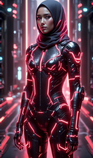 In a long-shot, a matte polycarbonate surface stretches out, reflecting the translucent, black-red armoured suit worn by a girl. The suit's intricate details and vibrant hue blend seamlessly with the reflective material, as if the wearer's cybernetic skin is merging with the environment. Soft, ethereal lighting highlights the translucent elements, casting subtle shadows that add depth to the scene. The composition is centered, focusing on the girl's form within the armoured suit, her cyberpunk hijab a striking feature amidst the dark lord armour.