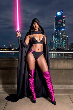 "A powerful female Jedi stands confidently, her flowing long hair cascading down her back as she bites the sword in mid-air. Her hooded cape billows behind her, echoing the iconic Sandworm's majestic form. The futuristic black armor accentuates her slender youthful figure, showcasing a midriff peak. In her hand, she holds a sleek pink lightsaber with a flowing silky line that complements her elegant attire. Against a backdrop of a modern, futuristic city, the scene exudes timeless elegance and power. Her full-body image captures her character's essence, adding a touch of romance. The setting sun casts a warm orange glow, with vividly colorful and cinematic light effects illuminating the space around her."
