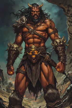 A barbarian warrior, the fourth sister of a mysterious clan, stands tall and muscular, ready to charge into battle. Her giant physique radiates power as she dons animal skin armor, adorned with sharp fangs and glowing spider-inspired details that seem to pulse with a savage energy. Her angry gaze burns with an inner fire, as if fueled by the Spider spirit within her.,ct-skyzo_identity,vintage comic book cover,1950s pulp art style