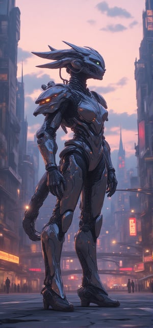 A futuristic cityscape at dusk. A cyborg warrior, half-girl, half-animal, stands tall with an exo-keleton, its mechanical limbs glistening in the fading light. Her BionicSkin gleams like polished steel as she gazes out upon a distant horizon, her eyes aglow with an inner fire. Fantasy_ master_023 has crafted this mechanized marvel amidst towering skyscrapers and neon-lit streets, where humanity meets technological innovation.,Fantasy Regal Artgem