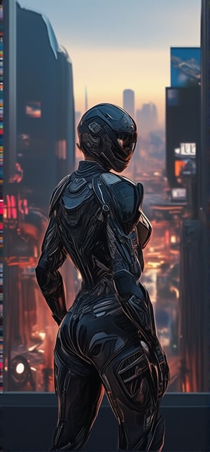 A sweeping aerial shot frames the cyborg warrior's statuesque pose amidst a kaleidoscopic cityscape at dusk. Soft, golden light casts long shadows across sleek skyscrapers and neon-lit billboards as she stands tall, her exo-keleton glistening with metallic sheen. Her eyes aglow seem to pierce the horizon, while BionicSkin reflects polished steel's shine in the fading light, set against a vibrant backdrop of city lights and towering architecture, with towering skyscrapers and bustling streets below.