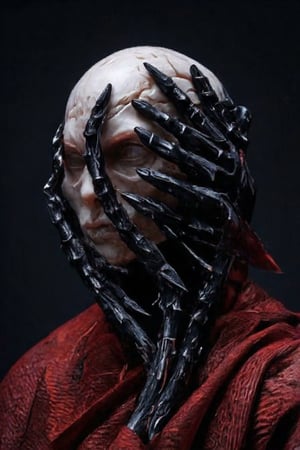 a male warrior wearing armor made of black human hand fragments, red robe, wearing a crystal skull crown,creepy_hand_pose,nighmare,pose,cip4rf,Hand,weird_futuristic_fashion,Fantasy detailers ,creepy_hand_pose,nighmare,pose,weird_futuristic_fashion