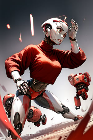 1girl, 1robot, score_9, score_8_up, score_7_up, score_6_up, score_5_up, score_4_up, a girl in a  red sweater fighting with a robot