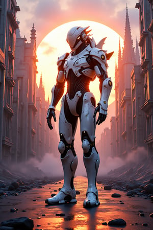 A stunning 4K cyberpunk-themed 3D render of a humanoid robot standing amidst the ruins of a dystopian metropolis at sunset. The robot, with its biomechanical design, combines metallic and organic elements for a unique, futuristic look. The cityscape boasts gothic architecture and sharp spires, casting dramatic shadows. A radiant, colored radial gradient of orange, pink, and purple hues dominates the background, while the soft lighting enhances the photorealistic texture of the scene. The image has been expertly crafted using ILM's Unreal Engine tech, evoking a cinematic and poster-worthy feel., poster, 3d render, cinematic,Cyberpunk.hanna,BionicSkin